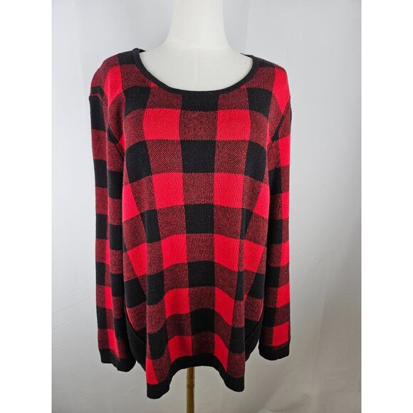 J. Jill Sweater Medium Red & Black Buffalo Plaid Crewneck Long Sleeve Cabincore - Picture 2 of 9